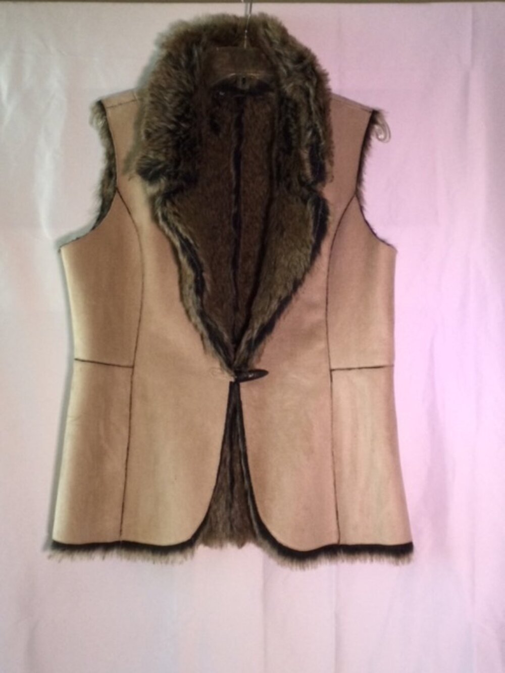 Faux Shearling Vest Taupe Faux Suede Faux Fur Collar Women's Open Front